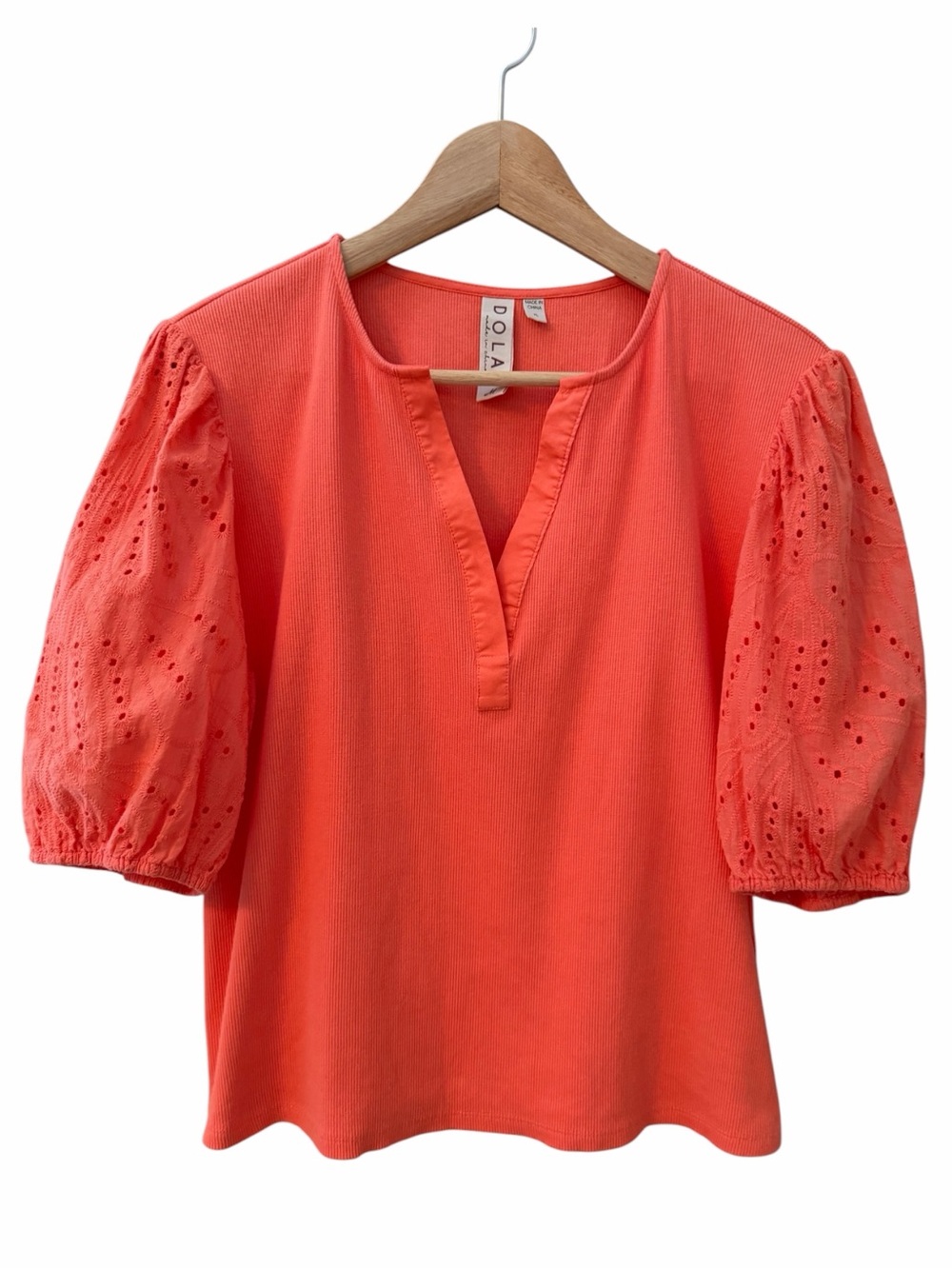 Dolan Peach Ribbed Knit Crochet Lace Puff Slv Top Womens Sz XL V Neck Pullover